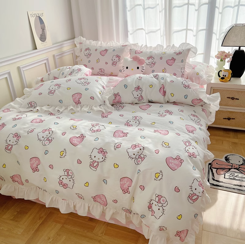 Sábana de algodón Hello Kitty con diseño de corazones y volantes