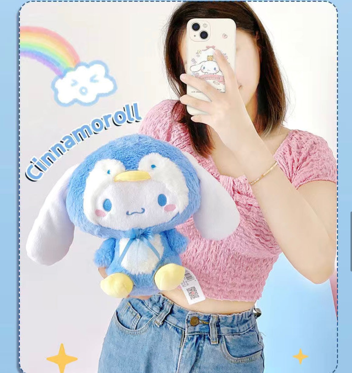 Pochacco and cinnamoroll in penguin dress plush doll