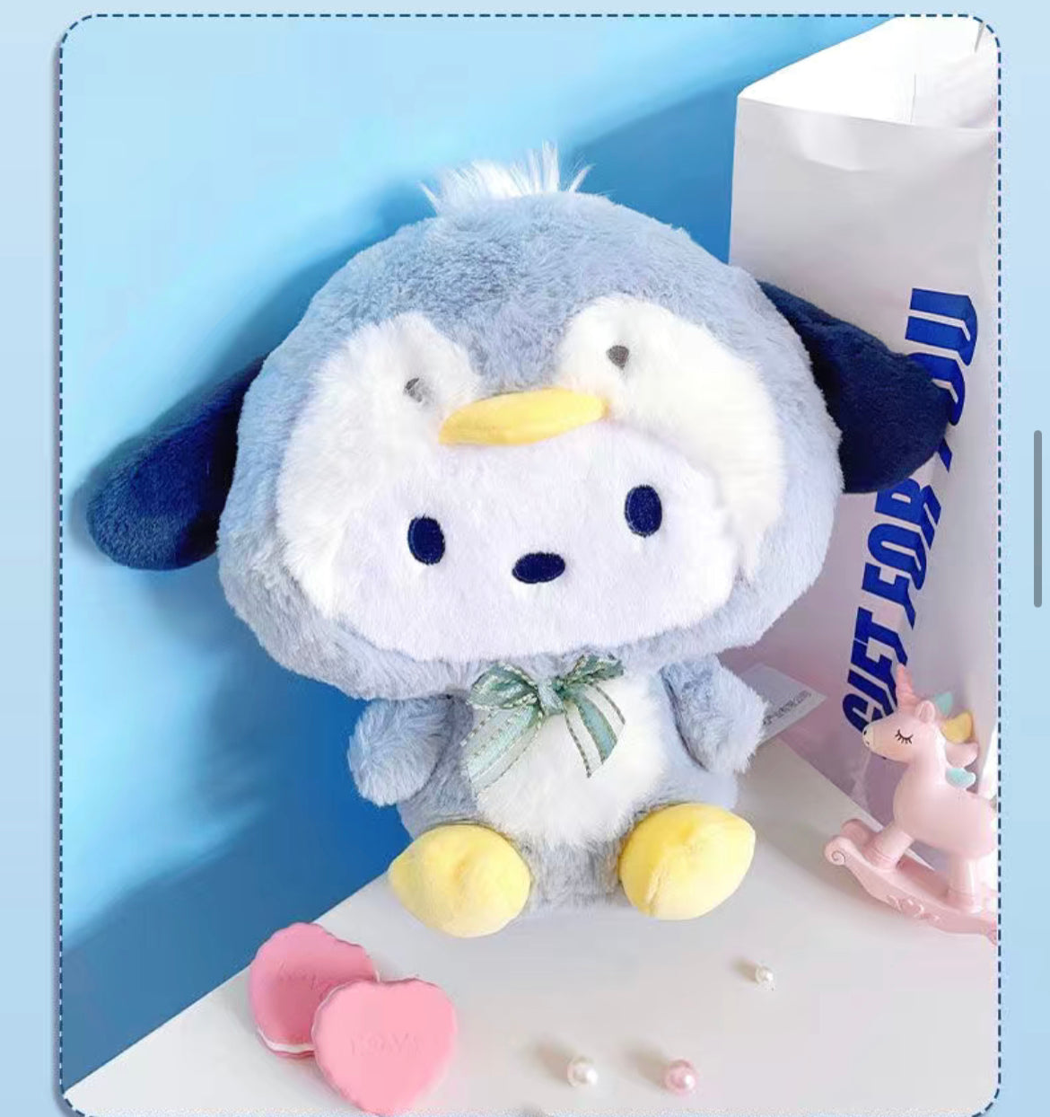 Pochacco and cinnamoroll in penguin dress plush doll