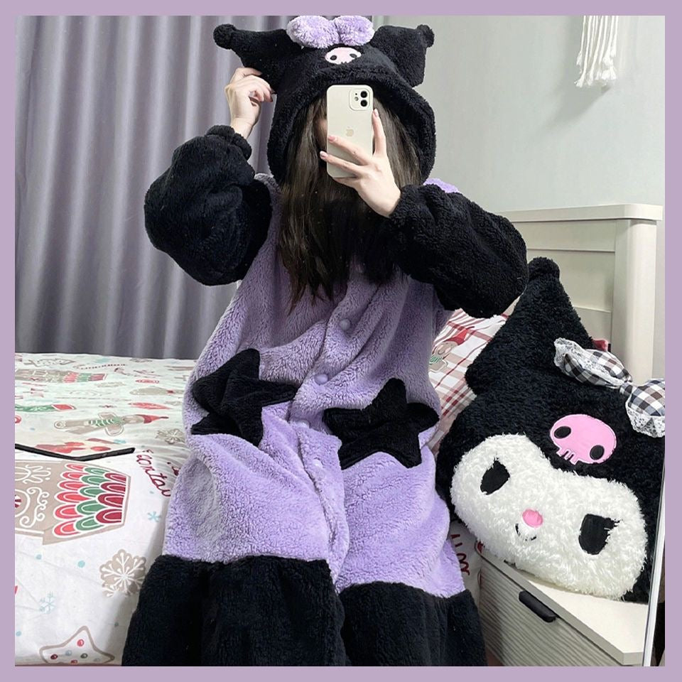 Sanrio Plush Pajamas  set Winter Warm Robe Women's Long Pajamas Girls