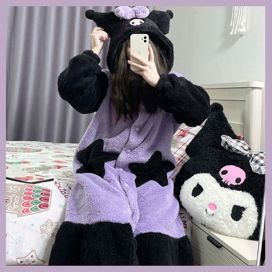 Sanrio Plush Pajamas  set Winter Warm Robe Women's Long Pajamas Girls