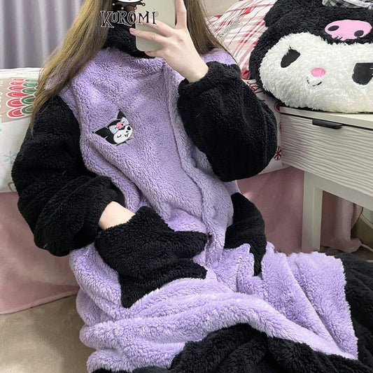 Sanrio Plush Pajamas  set Winter Warm Robe Women's Long Pajamas Girls