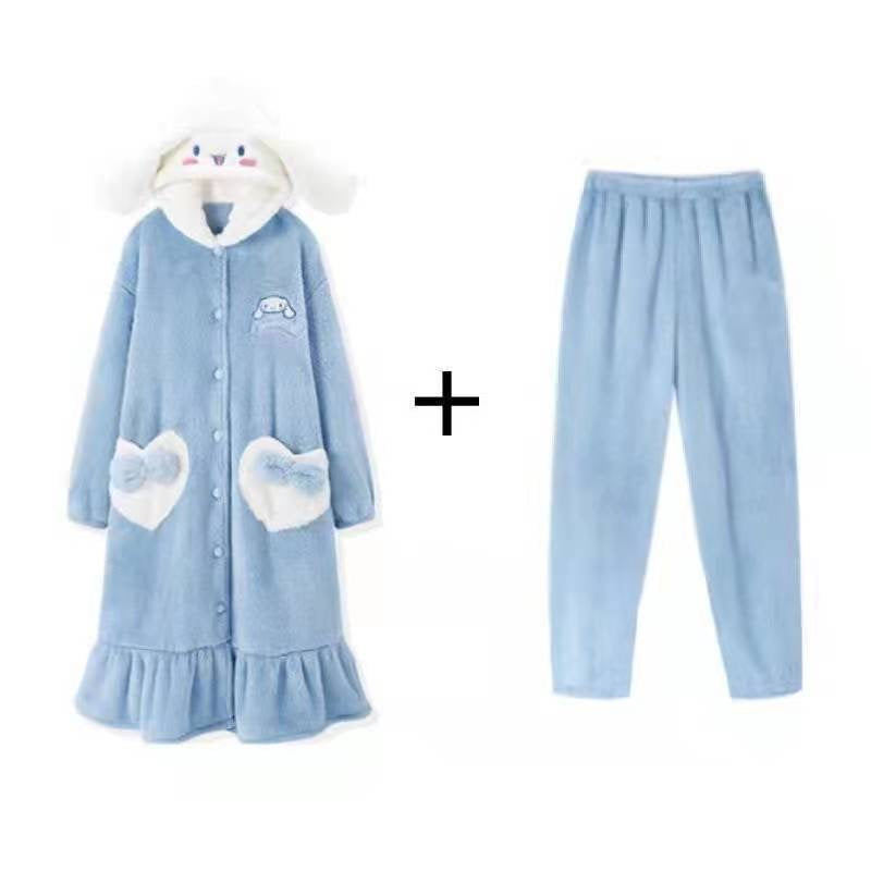 Sanrio Plush Pajamas  set Winter Warm Robe Women's Long Pajamas Girls