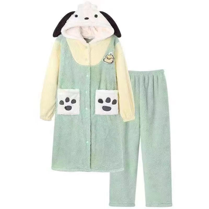 Sanrio Plush Pajamas  set Winter Warm Robe Women's Long Pajamas Girls