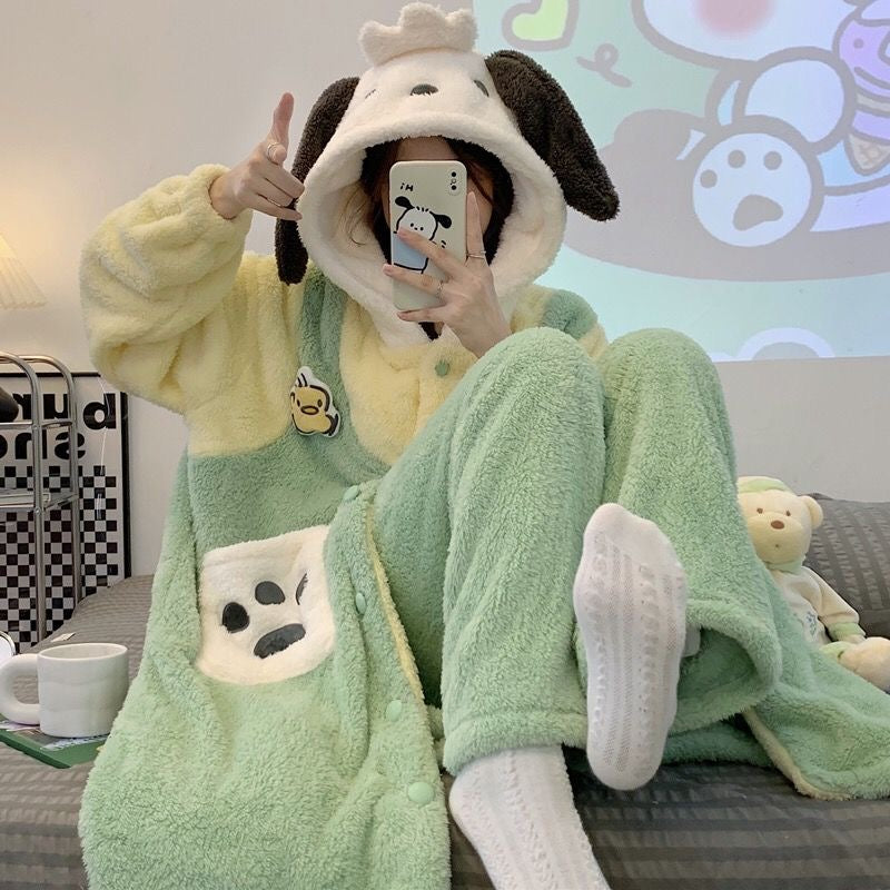 Sanrio Plush Pajamas  set Winter Warm Robe Women's Long Pajamas Girls