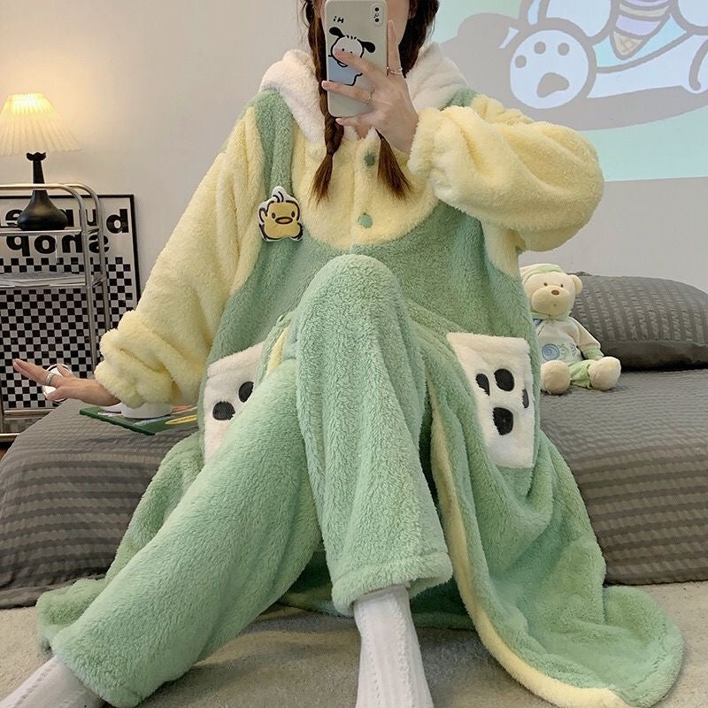 Sanrio Plush Pajamas  set Winter Warm Robe Women's Long Pajamas Girls