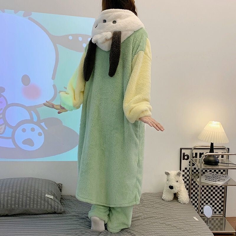 Sanrio Plush Pajamas  set Winter Warm Robe Women's Long Pajamas Girls