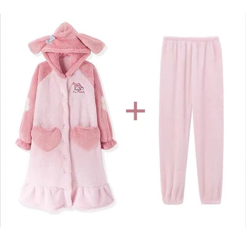 Sanrio Plush Pajamas  set Winter Warm Robe Women's Long Pajamas Girls