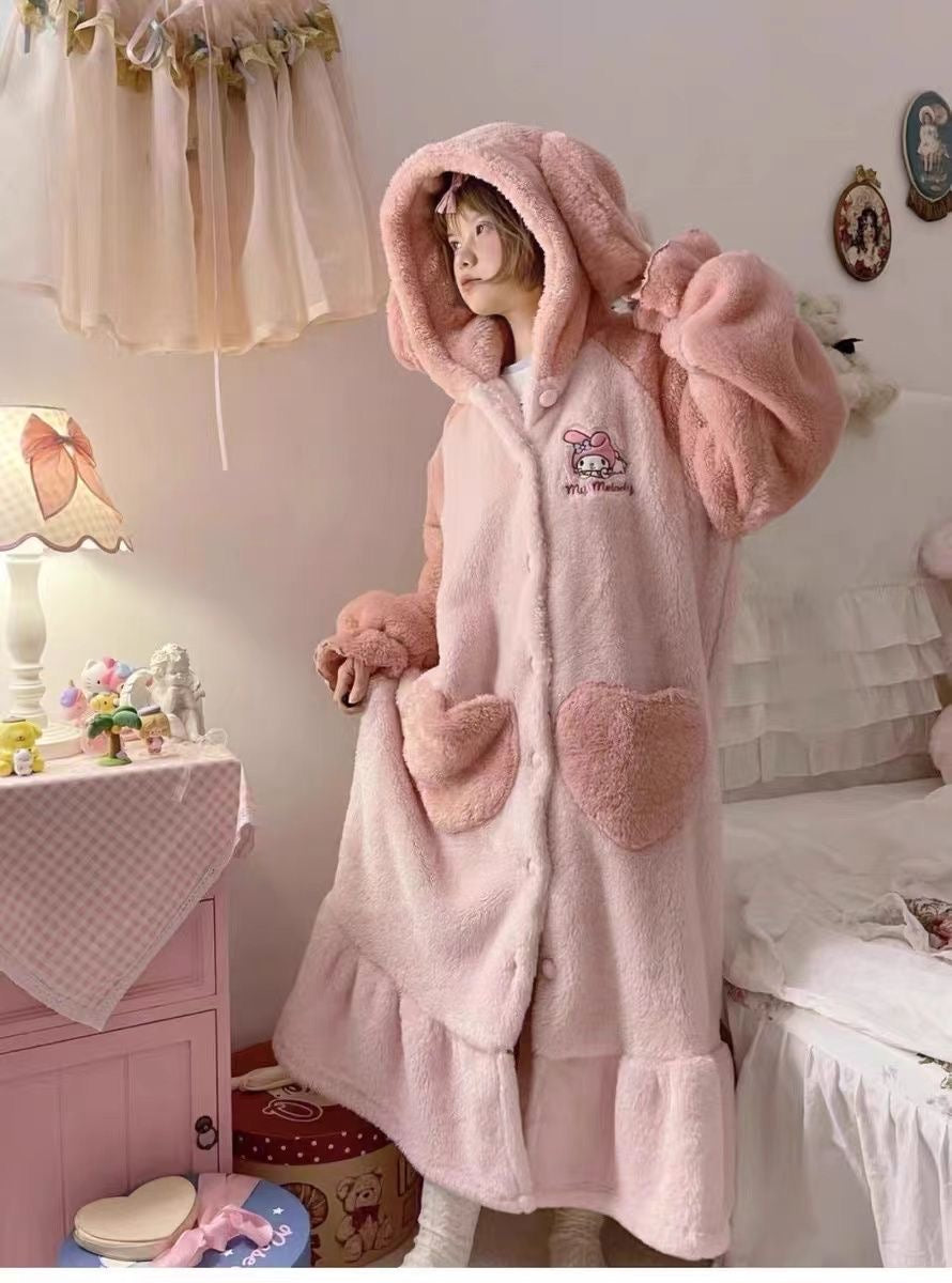 Sanrio Plush Pajamas  set Winter Warm Robe Women's Long Pajamas Girls