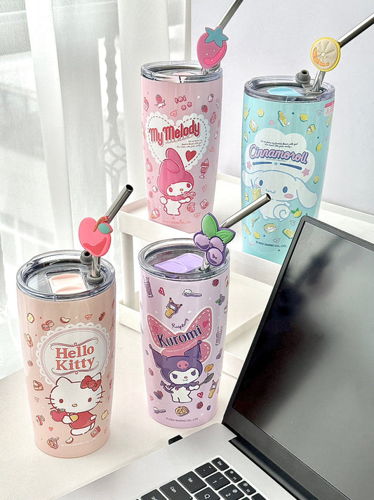 Vasos Sanrio de Acero Inoxidable con Tapa y Pajita 600ml