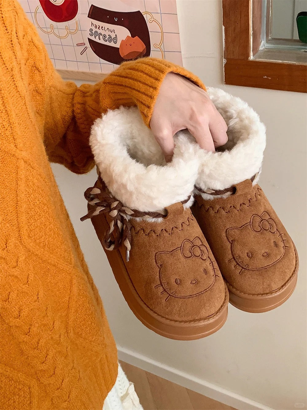Hello Kitty Winter Snow Boots Cute Lace Up Fluffy Boots