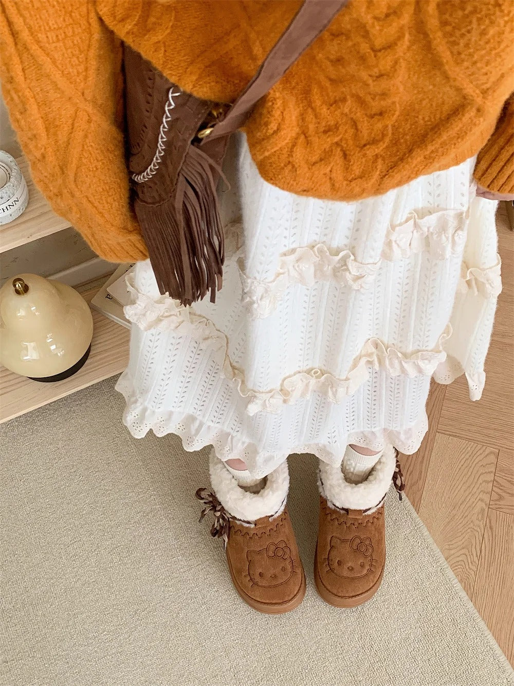 Hello Kitty Winter Snow Boots Cute Lace Up Fluffy Boots