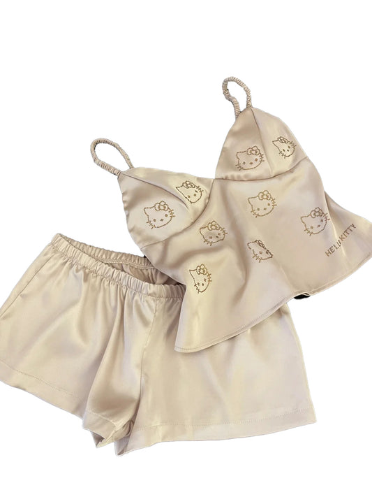 Hellokitty Champagne Satin Pajama Set 2 Piece Silky Lingerie Sleepwear Camisole Pj Shorts Set Soft Nightwear