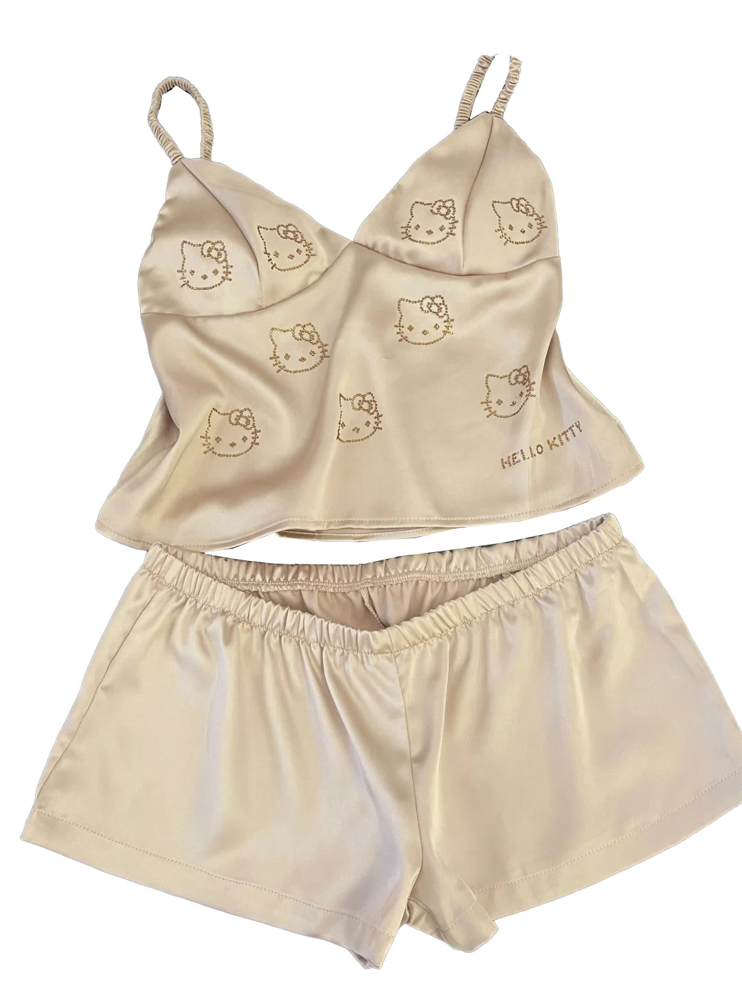 Hellokitty Champagne Satin Pajama Set 2 Piece Silky Lingerie Sleepwear Camisole Pj Shorts Set Soft Nightwear