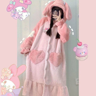 Sanrio Plush Pajamas  set Winter Warm Robe Women's Long Pajamas Girls