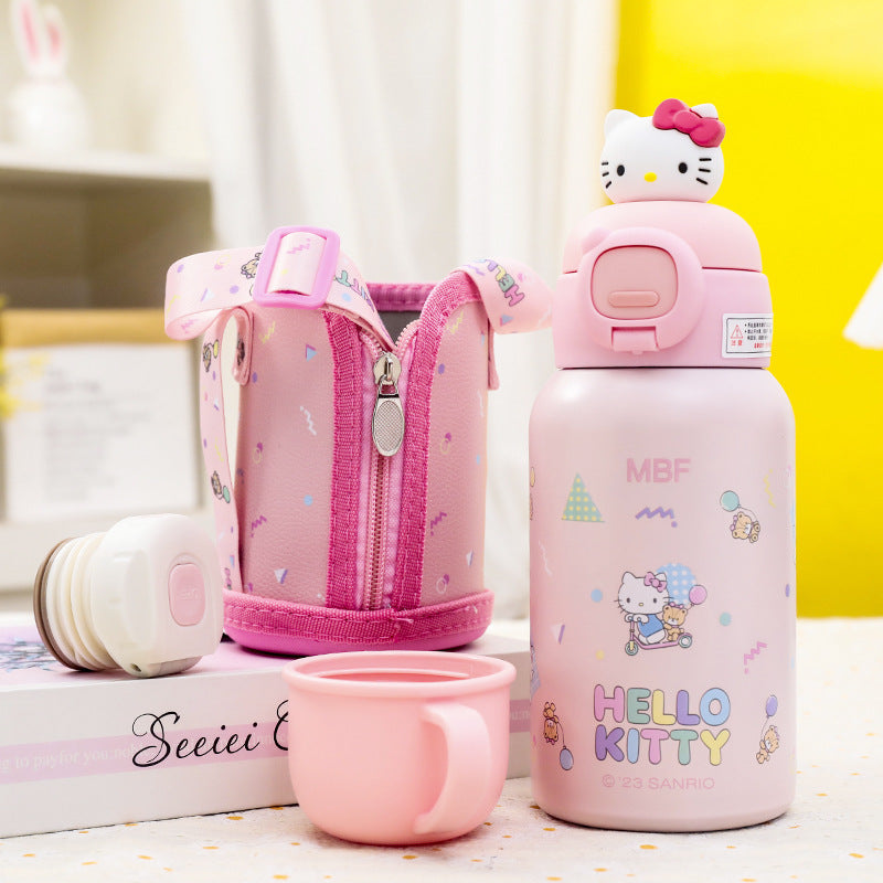Botella de agua Sanrio termo de acero inoxidable con aislamiento y funda de piel sintética de 500 ml