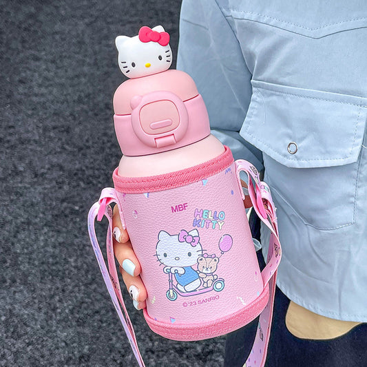 Botella de agua Sanrio termo de acero inoxidable con aislamiento y funda de piel sintética de 500 ml