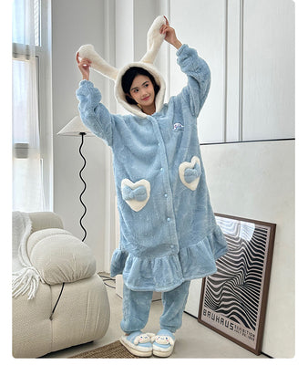 Sanrio Plush Pajamas  set Winter Warm Robe Women's Long Pajamas Girls