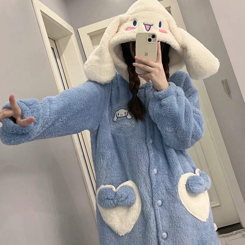 Sanrio Plush Pajamas  set Winter Warm Robe Women's Long Pajamas Girls