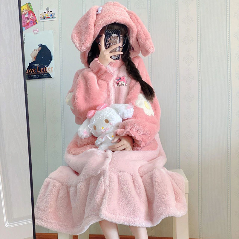 Sanrio Plush Pajamas  set Winter Warm Robe Women's Long Pajamas Girls