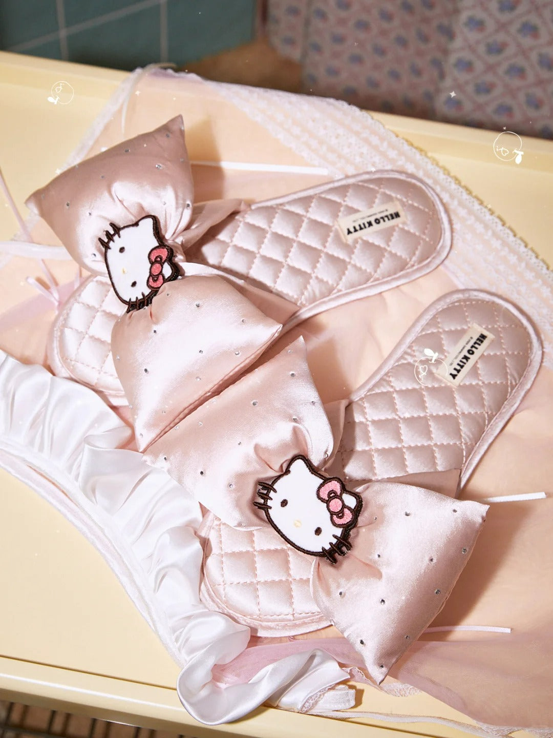 Hellokitty Pink Bowtie House Slippers Indoor Satin Slippers