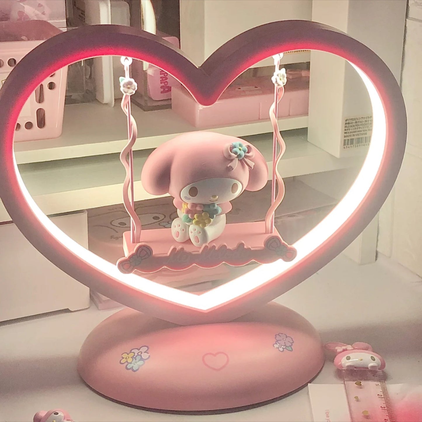 My Melody / Kuromi on a Swing Heart Shape Night Light Table Lamp