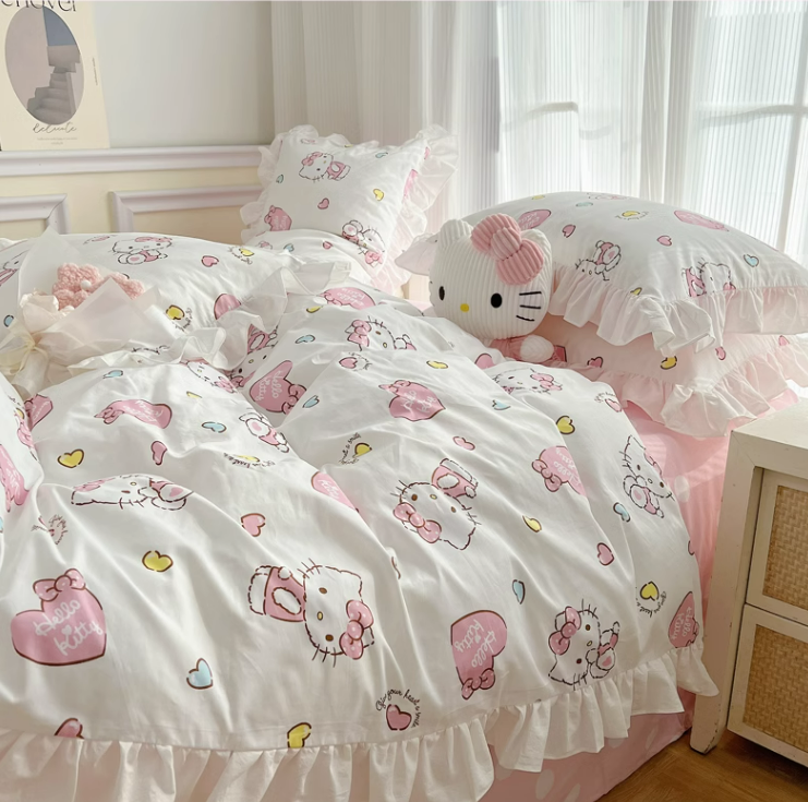 Hello Kitty Cotton Bedding Sheet Heart design with ruffles