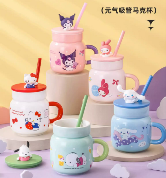 Sanrio Glass Water Cup with straw 450ml