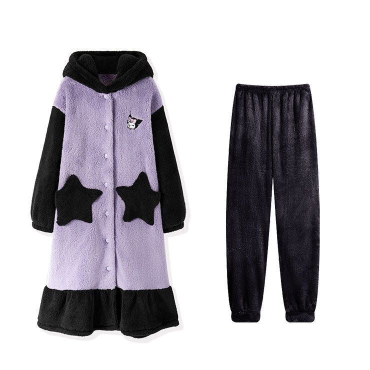 Sanrio Plush Pajamas  set Winter Warm Robe Women's Long Pajamas Girls