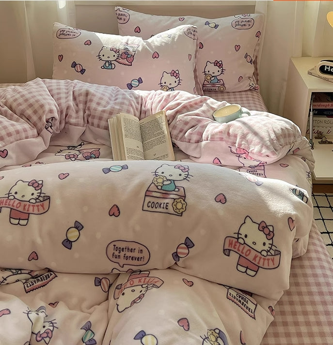 Hello Kitty Milk Velvet Bedding Sheet Super Soft Thickened Winter Warm Sheet