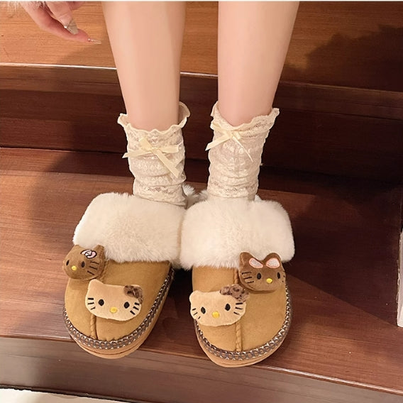 Hello Kitty Fuzzy Brown Slippers Winter House Shoes