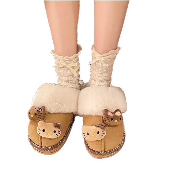 Hello Kitty Fuzzy Brown Slippers Winter House Shoes