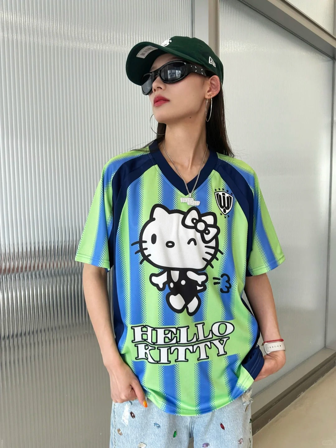 Hellokitty Striped Soccer Jersey Short Sleeve Summer Shirts