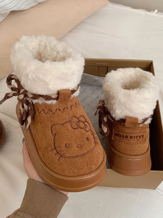 Hello Kitty Winter Snow Boots Cute Lace Up Fluffy Boots