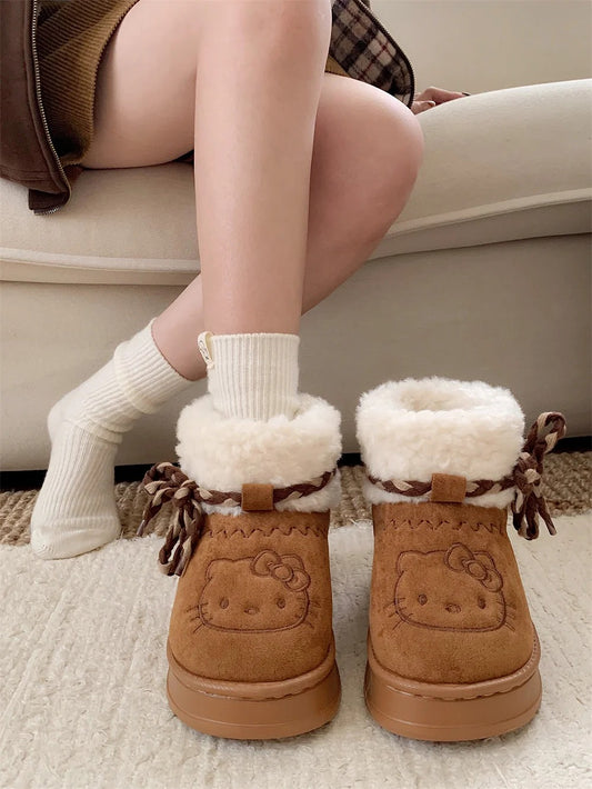 Hello Kitty Winter Snow Boots Cute Lace Up Fluffy Boots