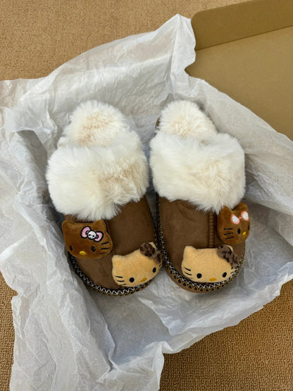 Hello Kitty Fuzzy Brown Slippers Winter House Shoes