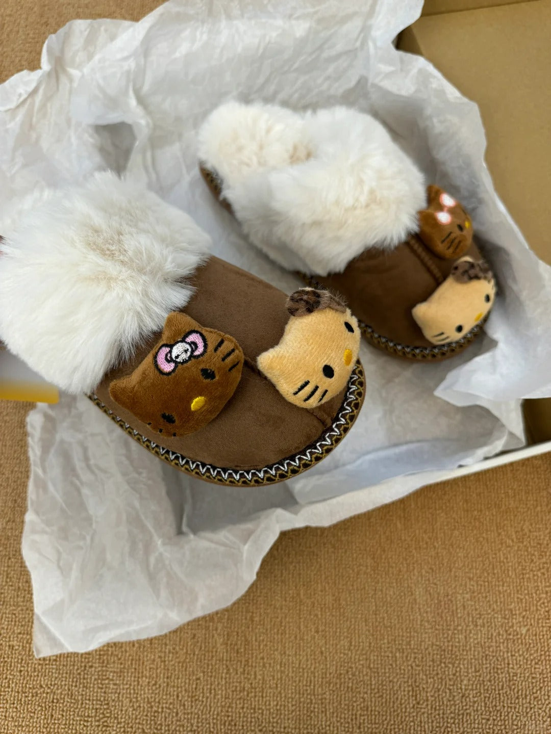 Hello Kitty Fuzzy Brown Slippers Winter House Shoes