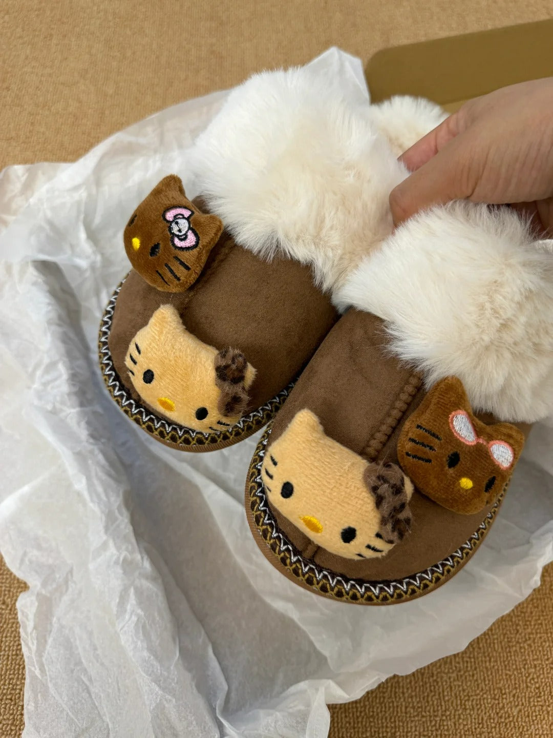 Hello Kitty Fuzzy Brown Slippers Winter House Shoes