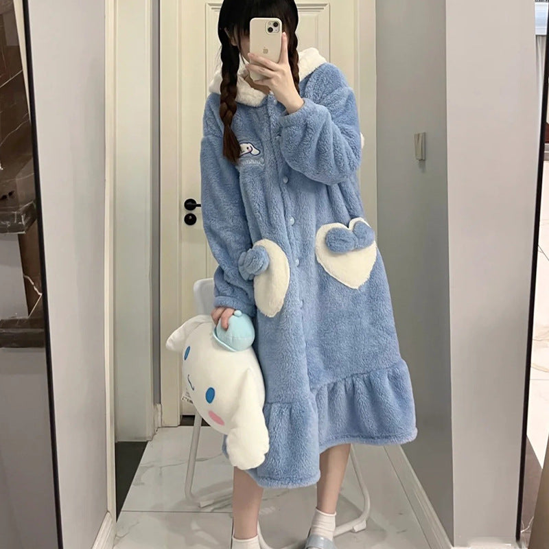 Sanrio Plush Pajamas  set Winter Warm Robe Women's Long Pajamas Girls