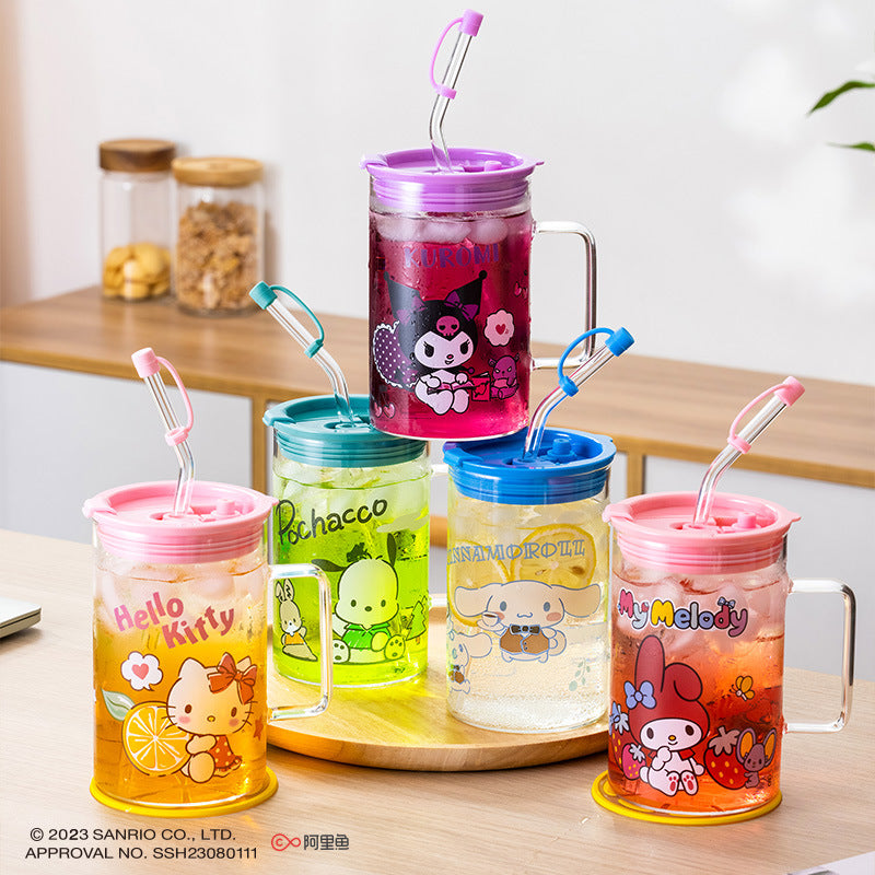 Sanrio glass cup with glass straw and lid 700ml