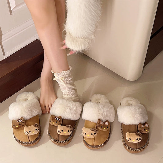 Hello Kitty Fuzzy Brown Slippers Winter House Shoes