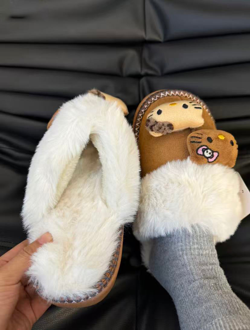 Hello Kitty Fuzzy Brown Slippers Winter House Shoes