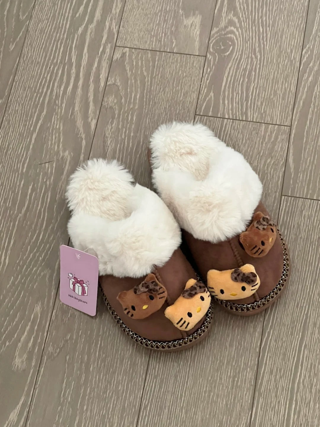 Hello Kitty Fuzzy Brown Slippers Winter House Shoes